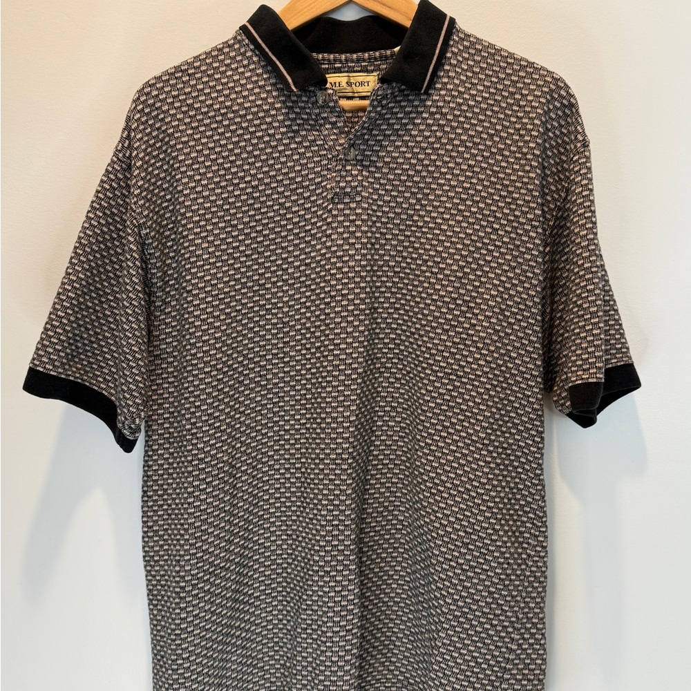 Black and Gray Geometric Polo Shirt with Ribbed Trim
